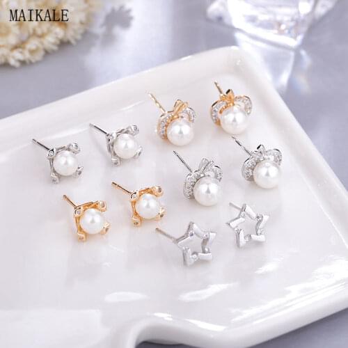 MAIKALE Korean Pearl Stud Earrings Apple Star Pentagon Cubic Zirconia Copper Gold Small Charm Earings for Women Cute Gift