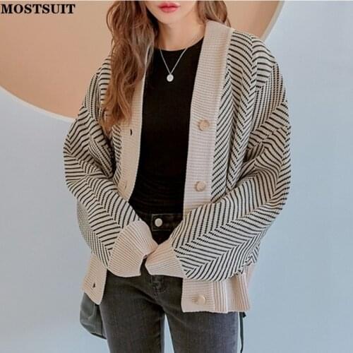 Vintage Striped Knitted Cardigan Sweater Women Full Sleeve V-neck Single-breasted Jumpers Loose Casual Female Tops 2021 Autumn