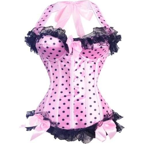 Sexy Women Bustier Pink Polka Dot Corset Lace Up Gothic Top Corset Waist Trainer Halter Bustier Lingerie Lace Halloween Costume