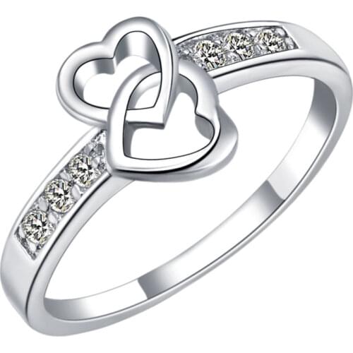 Womens double heart zircon ring silver 925 Fashion Wedding jewelry