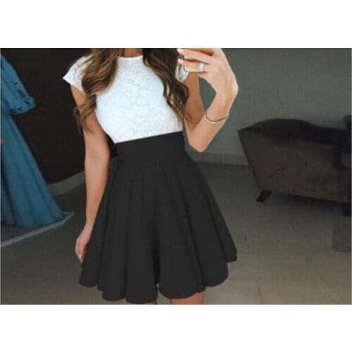 Young Girls Lady Lace Ball Gown Dress Summer Women Short Sleeve Lace Patchwork Skater Dress Party Cocktail Mini Dress