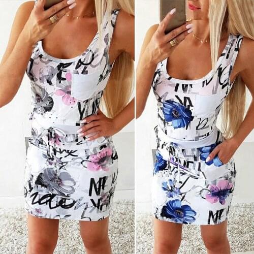 Womens Summer Sexy Printed Round Neck Waist Pack Hip Mini Dress