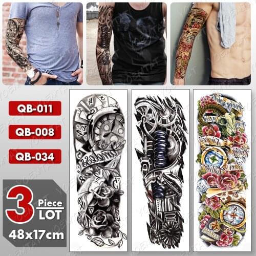 3 pcs/lot Large Arm Sleeve Tattoo Mechanical Waterproof Temporary Tatto Sticker Compass Body Art Full Fake Tatoo Women Men