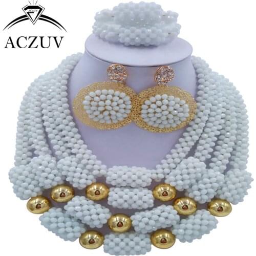 ACZUV Latest White African Beads Nigerian Wedding Engagement Jewelry Set for Women Big Earrings Necklace Bracelet D4R031