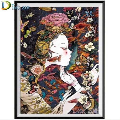 "Japanese Cartoon Girl"Diamond Painting Flower And Fish Cross Stitch 5D Diamond Embroidery Mosaic Full Drill Picture Rich Colors