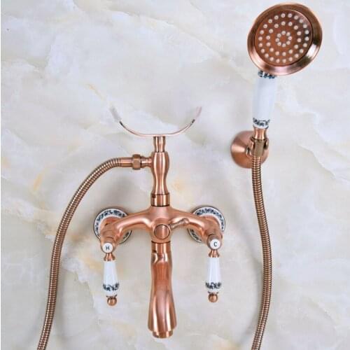 Antique Red Copper Wall Mounted Bathroom Tub Faucet Dual Ceramics Handles Telephone Style Hand Shower Clawfoot Tub Filler ana367