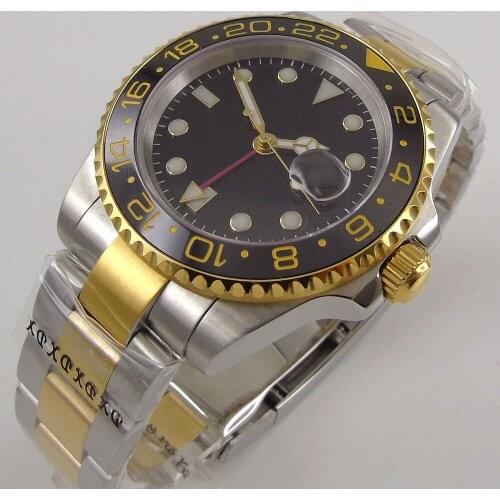40MM Sterile Dial Sapphire Glass Black Ceramic Bezel Date Yellow Gold Plated Glass Case Back GMT Automatic Mens Wristwatch