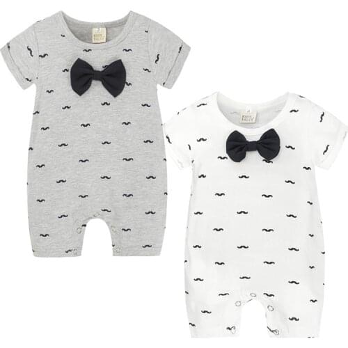 Baby Boys Girls Summer Casual Moustache Print Rompers Short Sleeve Tie Rompers Toddler Cute Cotton Bodysuit Bebe Clothes Outifts