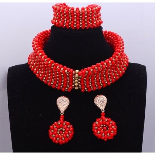 Dudo Jewelry Trendy Bridal Necklace Set Choker Nigerian African Beads Wedding Jewelry Set For Women Red Gold 2018 Free Shipping