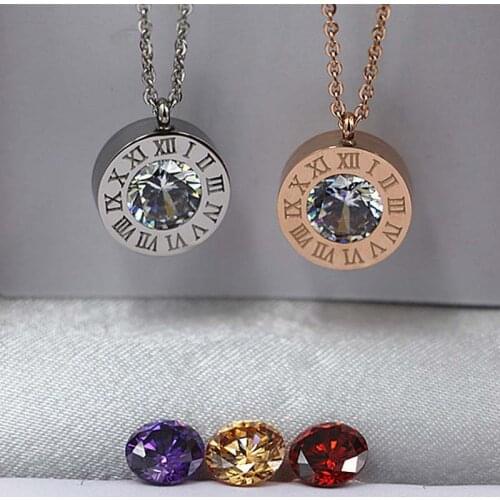Hot Sale Roman Numerals Replaceable Color Stone Gold Color / Silver Color / Rose Gold Color Stainless Steel Necklace