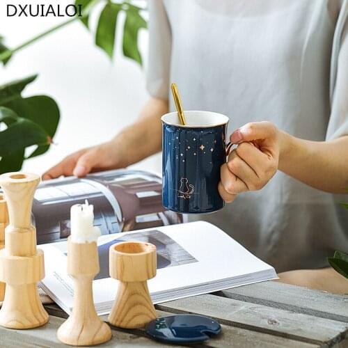 Nordic ceramic mugs Male and female couples stars cute cartoon cats hand-painted gold side with lid spoon cup travel mug gift
