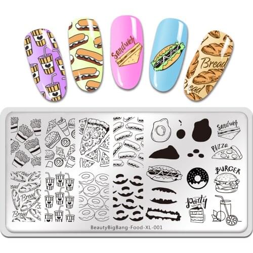 Beauty Big Bang Stamping Plates Food XL-001 Hamburg Doughnut Hot Dog Bread Juice Image Stainless Steel Nail Art Stencil Template