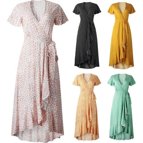 Fashion Women V Neck Short Sleeve Polka Dots Print Ruffled Hem Belt Long Dress