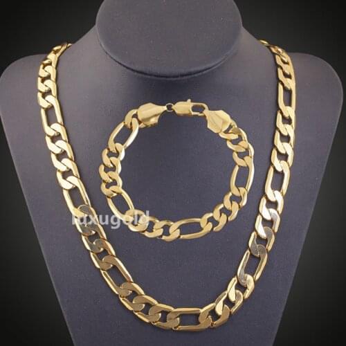 Massive 12mm Yellow Gold Filled Figaro Link Chain Necklace Bracelet Set for Man 3+1 Link Jewelry Set