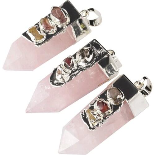 KFT Natural Healing Pendulums Reiki Crystal Stone Rose Pink Quartz Hexagon Column Tourmaline Stone Pendant For Women Jewelry