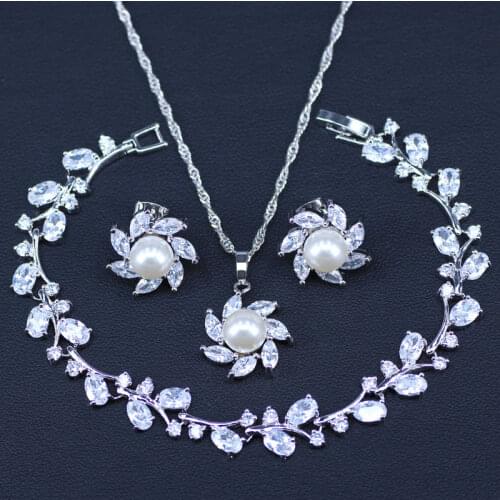 Lovely Flower White CZ Stone colorful Crystal Necklace Earring Ring Bracelet Set Fashion Silver Color Jewelry For Women