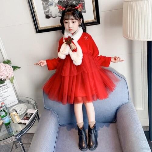 Girls Christmas Dress Winter Plus Velvet Warm Dress for Toddler Girls Kids Patchworked Mesh Dresses Children Clothes Free Scalf
