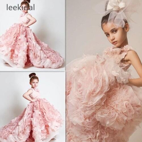Pink Flower Girls Dresses Ruched Tiered Ice Pink Puffy Girl Dresses for Wedding Party Gowns Plus Size Birthday Pageant Dresses