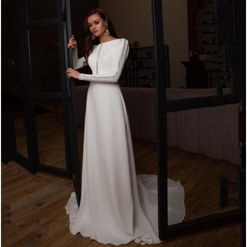 Modest Long Sleeves A Line Wedding Dress Womens O Neck Plain Lace Jersey Court Train Back V Bridal Dresses