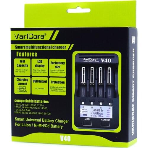 In VariCore V40 3.7 18650 26650 18350 16340 18500 25500 10440 17500 NiMH 1.2 The AA AAA 5V output LCD smart charger