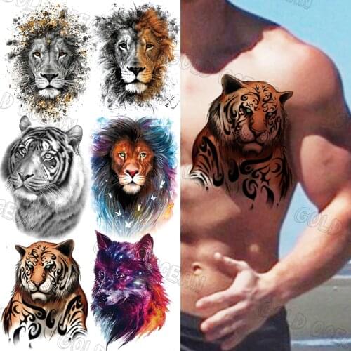 Cool Tiger King Temporary Tattoos For Men Adults Realistic Lion Wolf Butterfly Fake Tattoo Sticker Waterproof Tatoos Arm Leg