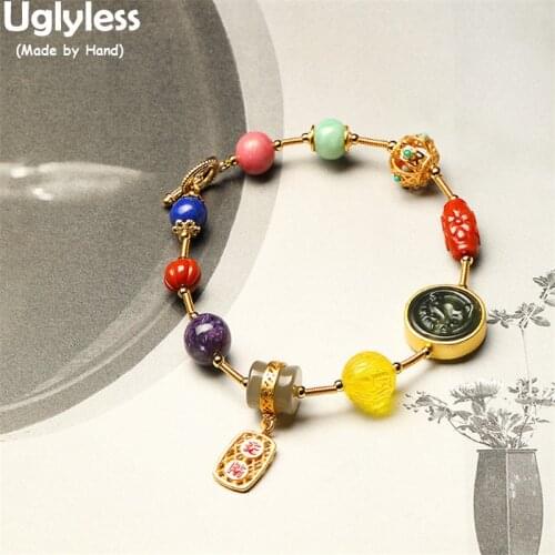 Uglyless Colorful Like a Rainbow Multi Gemstones Bracelets Women Real 925 Silver Chains Bracelets Agate Jade Lapis Amber Jewelry