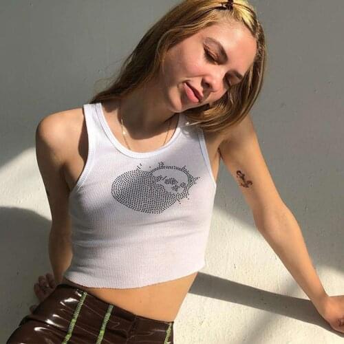 Vintage Y2K Rhinestone Graphic Ribbed Baby Tank 90s Aesthetics Sleeveless White Crop Tops Cute Streetwear Slim Crop Top 2021