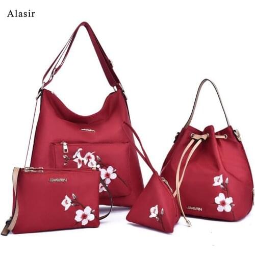 Alasir Women Shoulder Bag Chinese Style Printed 4piece Nylon Bags Ladies Flowers Large Handbag Coin Purse Vintage Bucket