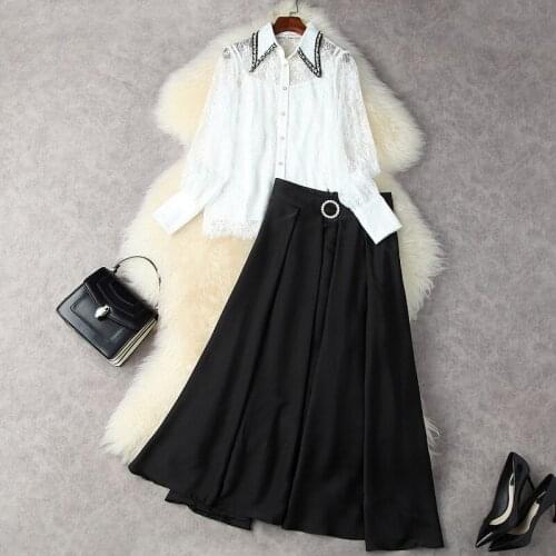 Suits For Women Autumn 2021 New Beaded Hollow Out Lace Shirt With Suspenders + High-Waist Large Swing Black Skirt 2PCS Set