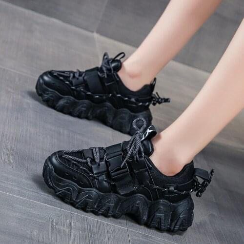 Spring New Buckle Platform Sneakers Women Shoes Korean Black Chunky Sneakers Leather Thick Sole Dad Casual Vulcanize Shoes Woman