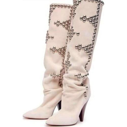 Runway Round Button Rivets Studs Thigh Boots Woman Pointed Toe Spike Heel Patchwork Suede Leather Boots Winter Over Knee Boots