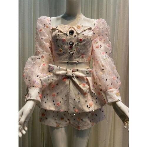 2 Pieces Sets Women Crop Tops Shorts Pink Sweet Outfits Long Sleeve Bow Floral Embroidery Diamonds Beading Fashion Korean Lady