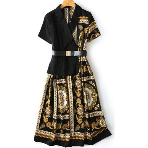 PERHAPS U Black Print Patchwork Short Sleeve Empire Sash Knee Length Dress Summer D1947