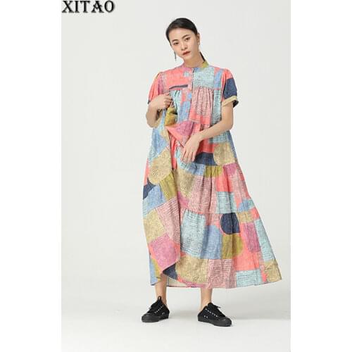 XITAO Print Pattern Striped Dress Fashion New Women Single Breast Patchwork Hit Color Small Fresh Minority Dress LDD1256