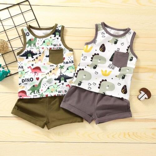 0-3Years Summer Cute Dinosaur Print 2Pieces Baby Boy Sets Kids Sleeveless Tank Tops+Elastic Waist Shorts Infant Kids Boy Outfits
