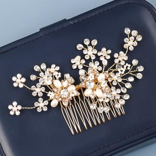 1PC Gold Hair Combs And Cilp Handmade Wedding Bride Hair Jewelry For Women Pearl Crystal Flower Tiara Hair Accessories