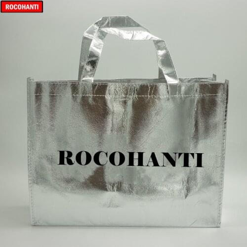 100X Custom Logo Printing Silver Metallic Laminated Non Woven Tote Bag Garment Shopping Gift Bag Big Capacity with Hasp Closure