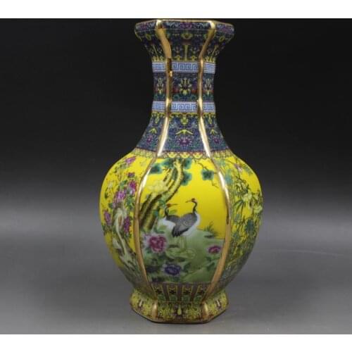 Qing Qianlong Antique Yellow Ceramic Vase Enamel Gilt Hexagon Vase With Flower Antique Porcelain Ancient Porcelain Collection