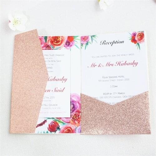 Glitter invitation mariage rose gold silver wedding card pocket tri-folding offer customized printing 50pcs