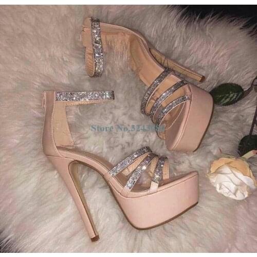 Pink Black Crystal Platform Thin High Heel Sandals Leather Bling Bling Rhinestone Banquet Shoes Shining Wedding Shoes