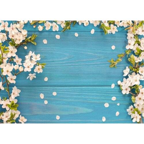Planks Backdrop Light Pink Flowers and Blue Wooden Board Photography Background Holiday Celebration Photo Booth Studio Decor