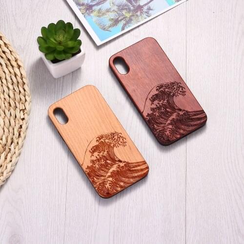 For iPhone 12 6 6S 6Plus 7 7Plus 8 8Plus XR X XS Max 11 Pro Max Engraved The Great Wave off Kanagawa Wave Wood Case Funda Coque