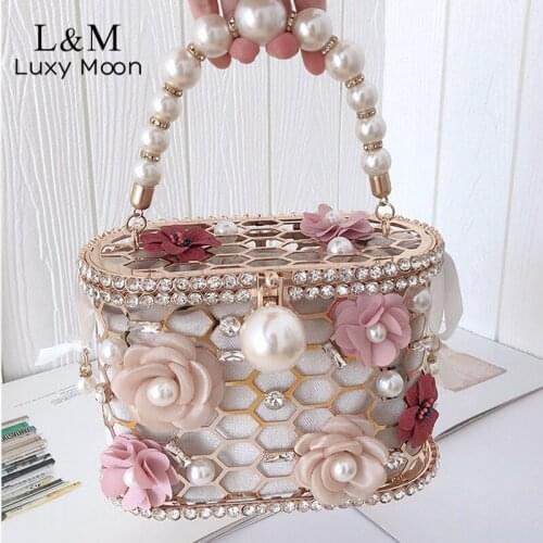 Elegant Women Floral Clutch Purse Wedding Dinner Pearl Crystal Luxury Designer Handbag Hollow Out Metal Basket Evening Bag X562H