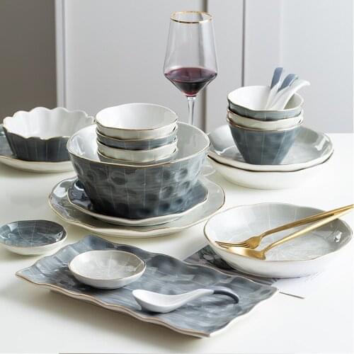 European-style Ceramic Tableware Dinner Plates Porcelain Retro Round Rectangle Tray Noodle Rice Bowl Sauce Dishes And Plate Set