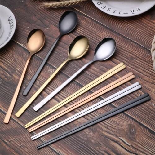 Korean Cuisine Spoon Chopsticks Tableware Stainless Steel Gold Silver Black Creative Mirror Polished Titanium Round Solid Spoons