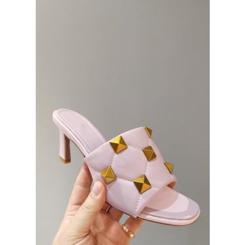 Summer Outside Natural Sheepskin Slides Shoes Woman Open Toe Studded Heels Slippers Metal Rivets Women Slides Size 35-42