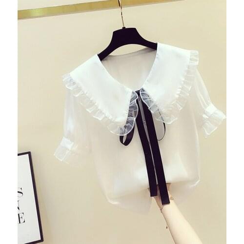 Sweet Style Ruffles Women Blouse Summer New 2021 Bow Neck Short-Sleeved White Elegant Office Lady Pulls Outwear Tops