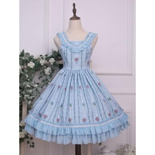 Sweet Lolita JSK Dress Pleated Ruffles Floral Print Lace Up Lolita Jumper Skirts