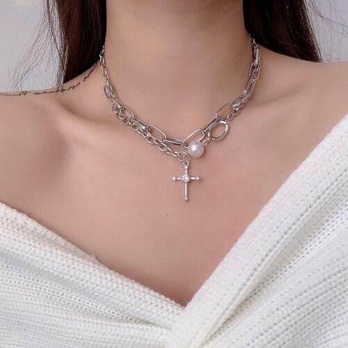Lifefontier Punk Multilayer Cross Pendant Necklace For Women Men Gifts Pearl Silver Color Long Chain Necklace Couple Jewelry