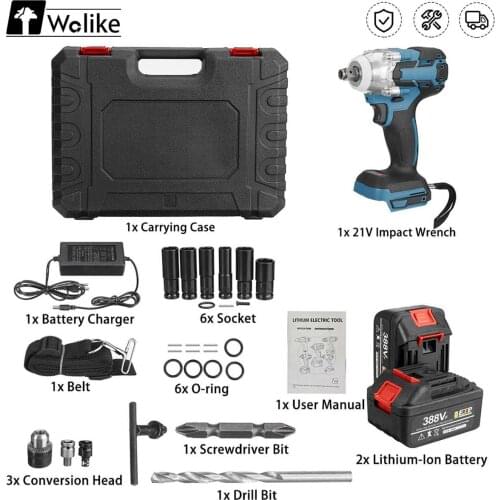 Upgraded 520Nm Torque Rechargeable Brushless Cordless Electric Impact Wrench with 2 Battery Power Tools 1/2" Electric Wrench 21V